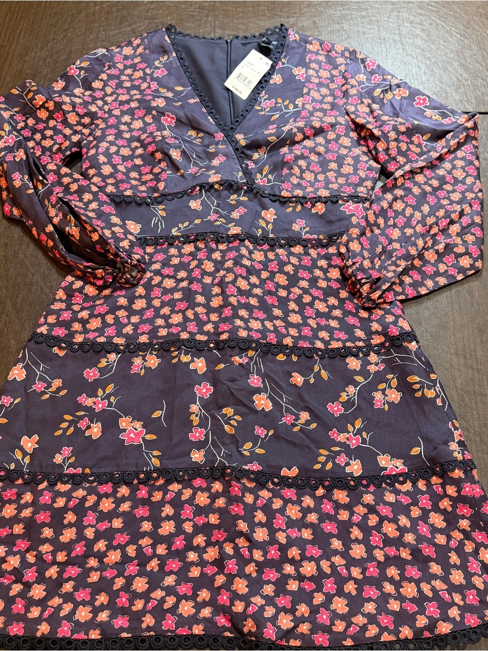 Women’s French Connection Floral Tiered Navy Dress Pink and Orange Blossoms Sz 6